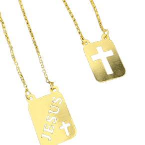 Escapulário para revenda e Cruz vazada banhado 60cm x 5,2g x – Joia 18 k – 7 banhos