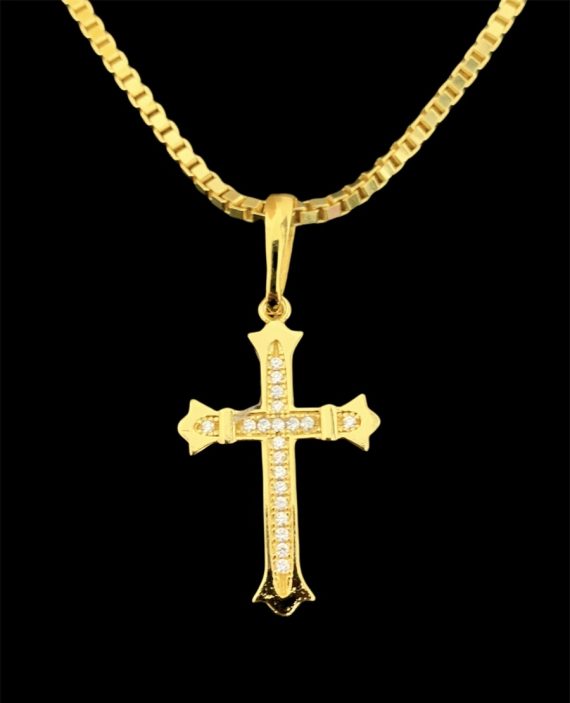 Kit Corrente Veneziana Atacado Revenda Dropshpping Fecho canhão- 60cm x 2mm x 12,3g + pingente Crucifixo com pedras zircônia 2,6g x 3cm x 2mm – Joia 18 k – 7 banhos + verniz cataforetico