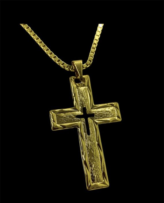 Kit Corrente Atacado Revenda Dropshpping Veneziana Fecho Canhão (tam 60cm x esp 2mm x 13g) + Pingente Crucifixo Vazado com Textura ( 4,7cm x 3cm) – Joia 18k