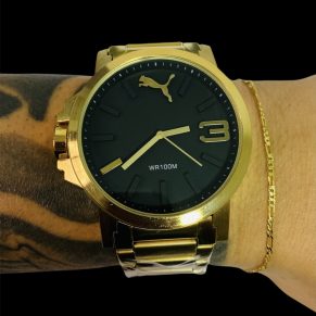 Kit Relógio Puma + Pulseira fina 3 em 1 Atacado Revenda Dropshpping enrolada Fecho tradicional Joia Banhada 7 mm 18k