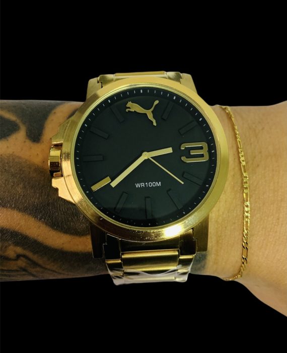 Kit Relógio Puma + Pulseira fina 3 em 1 Atacado Revenda Dropshpping enrolada Fecho tradicional Joia Banhada 7 mm 18k