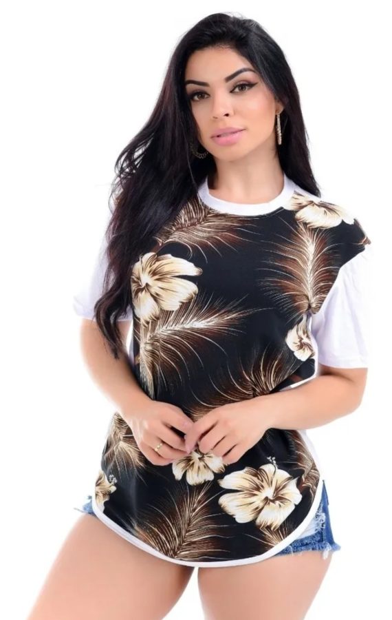 Kit C/10 T-shirts Long Line Floral Moda Feminina