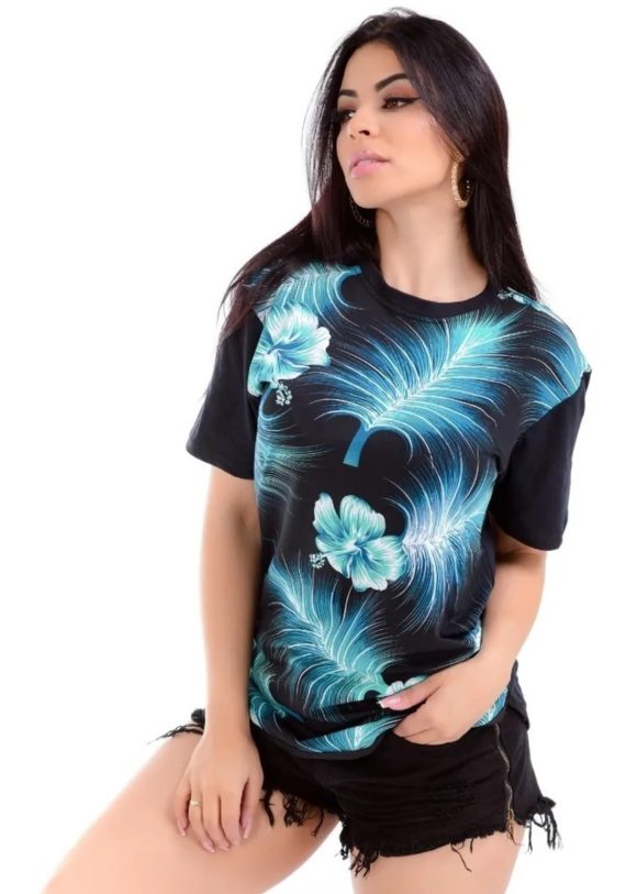 Kit C/10 T-shirts Long Line Floral Moda Feminina