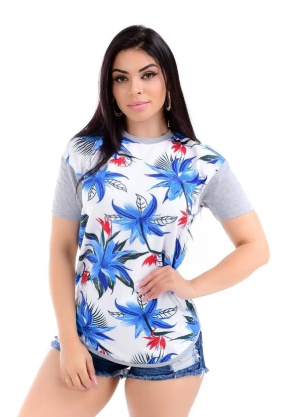 Kit C/10 T-shirts Long Line Floral Moda Feminina
