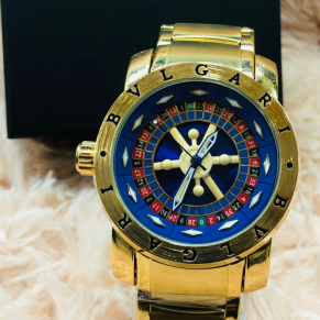 Relógio Masculino Bvlgari Casino Roleta Dourado Fundo Azul