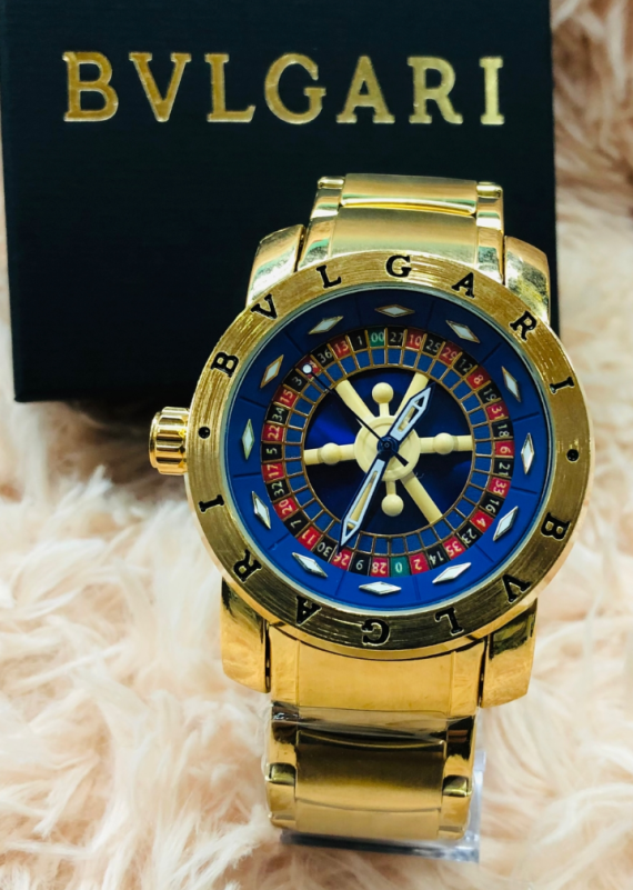 Relógio Masculino Bvlgari Casino Roleta Dourado Fundo Azul