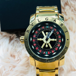 Relógio Masculino Bvlgari Casino Roleta Dourado Fundo Preto e Vermelho (Linha Diamante) À Prova D'Água
