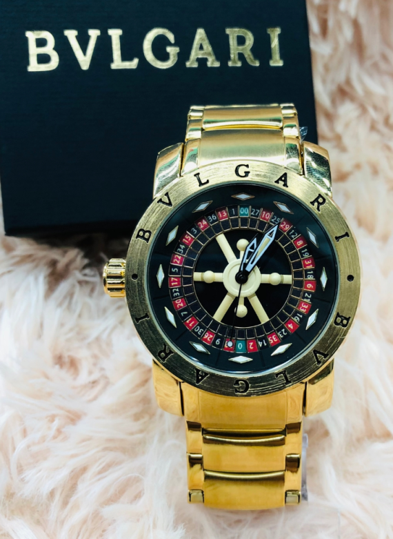 Relógio Masculino Bvlgari Casino Roleta Dourado Fundo Preto e Vermelho (Linha Diamante) À Prova D'Água